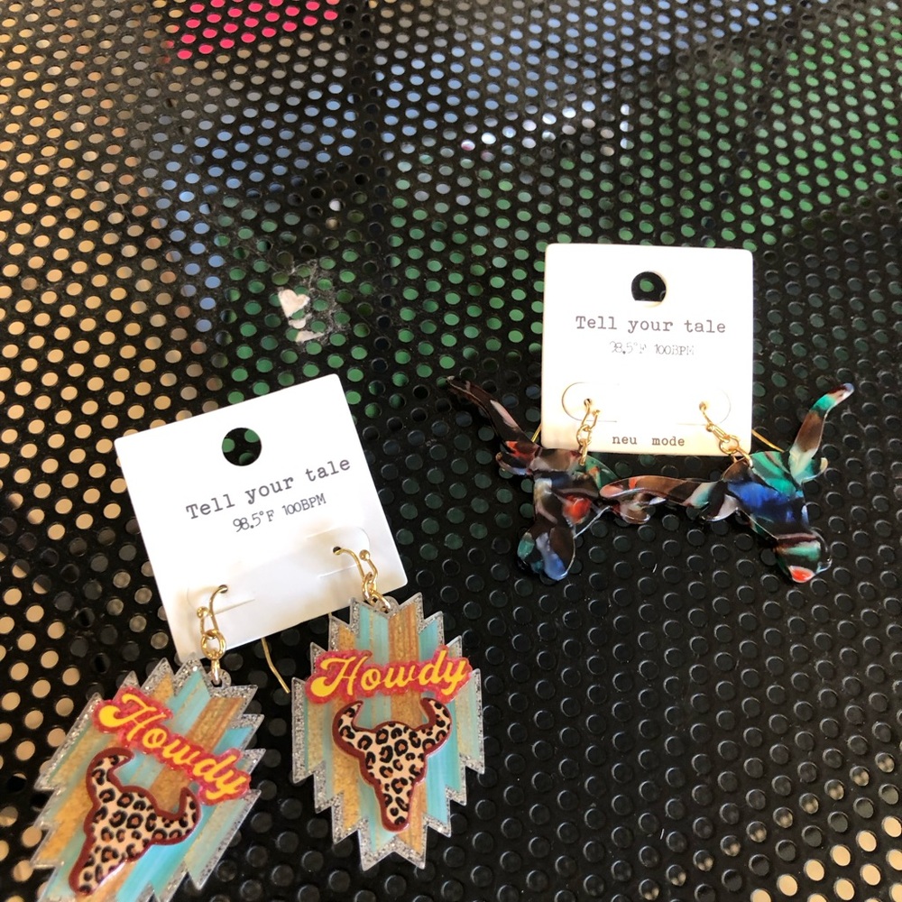 Howdy' Leopard Print Bull Earrings - Teal & Multicolor